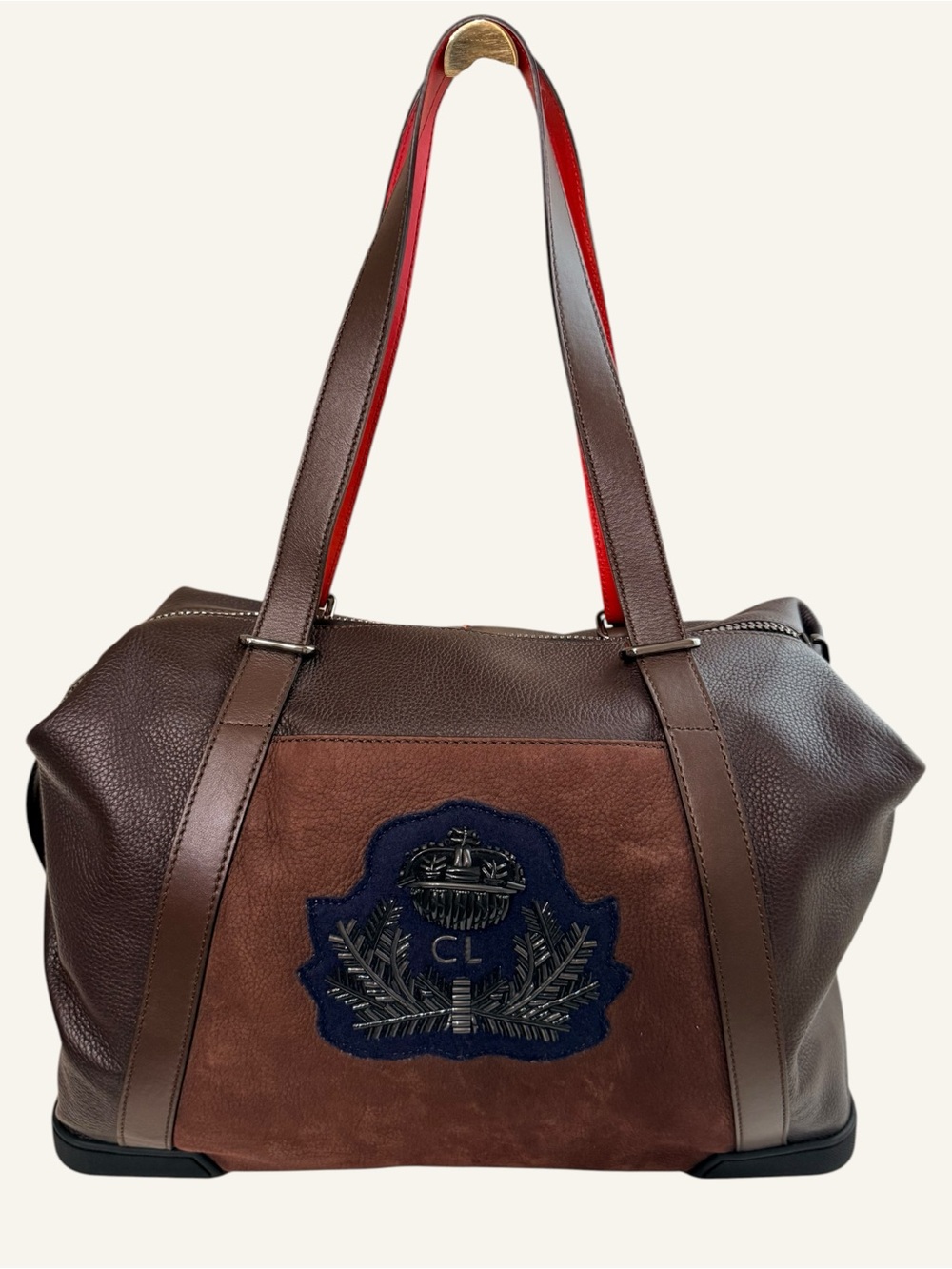 Christian Louboutin Bagdamon Boston Tote Brown Leather Crest Red Sole Travel Bag